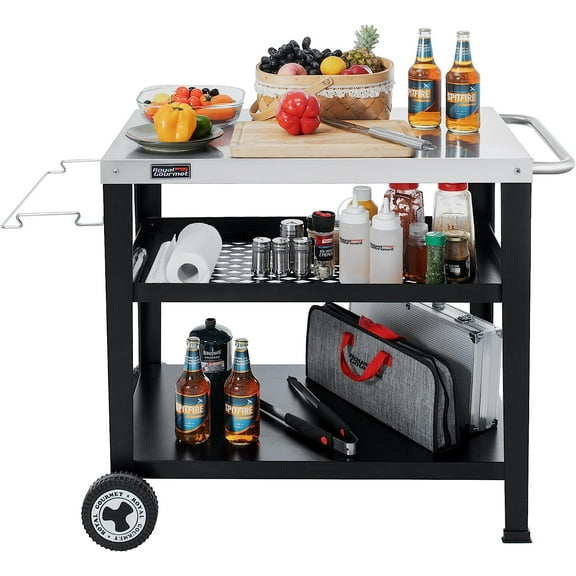 Movable 3-Shelf Grill Cart with Wheels, 33.5" L x 20" W Stainless Steel Tabletop, Multifunctional Dining Table for Pizza Oven, Food Prep, Outdoor Garden BBQ Trolley, PC-AMZ-3404S, Silver