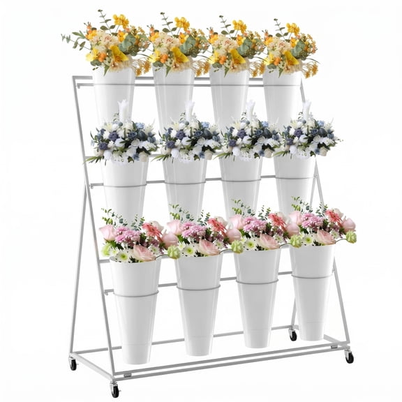 Movable 3-Tier Flower Bar Cart, White Metal Florist Display Rack, 12pcs Plastic Flower Buckets, Sturdy Rolling Stand, For Home Backyard, Wedding Ceremony & Florist Store Displays