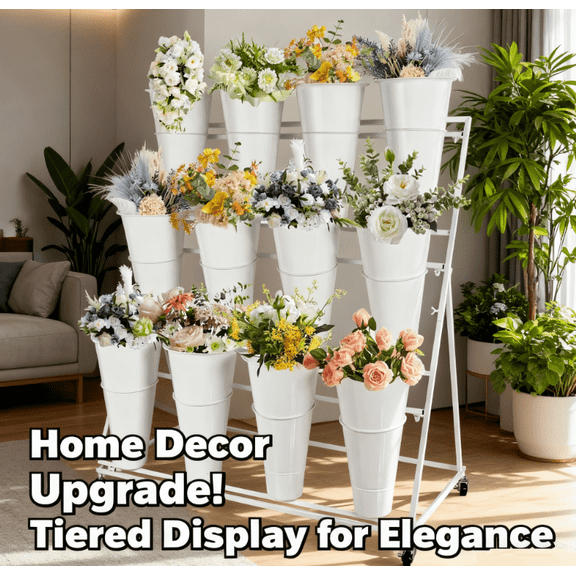 Movable 3 - Tier White Flower Stand with 12 White Buckets, Metal Construction, for Home Garages and Workshops
