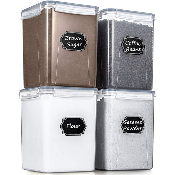 PETGLE Large Food Storage Containers 5.2L /175oz, 4 Piece BPA Free Plastic Airtight Food Storage Containers for Flour, Sugar, Baking Supplies, Kitchen & Pantry Containers with 20 Labels - Gray