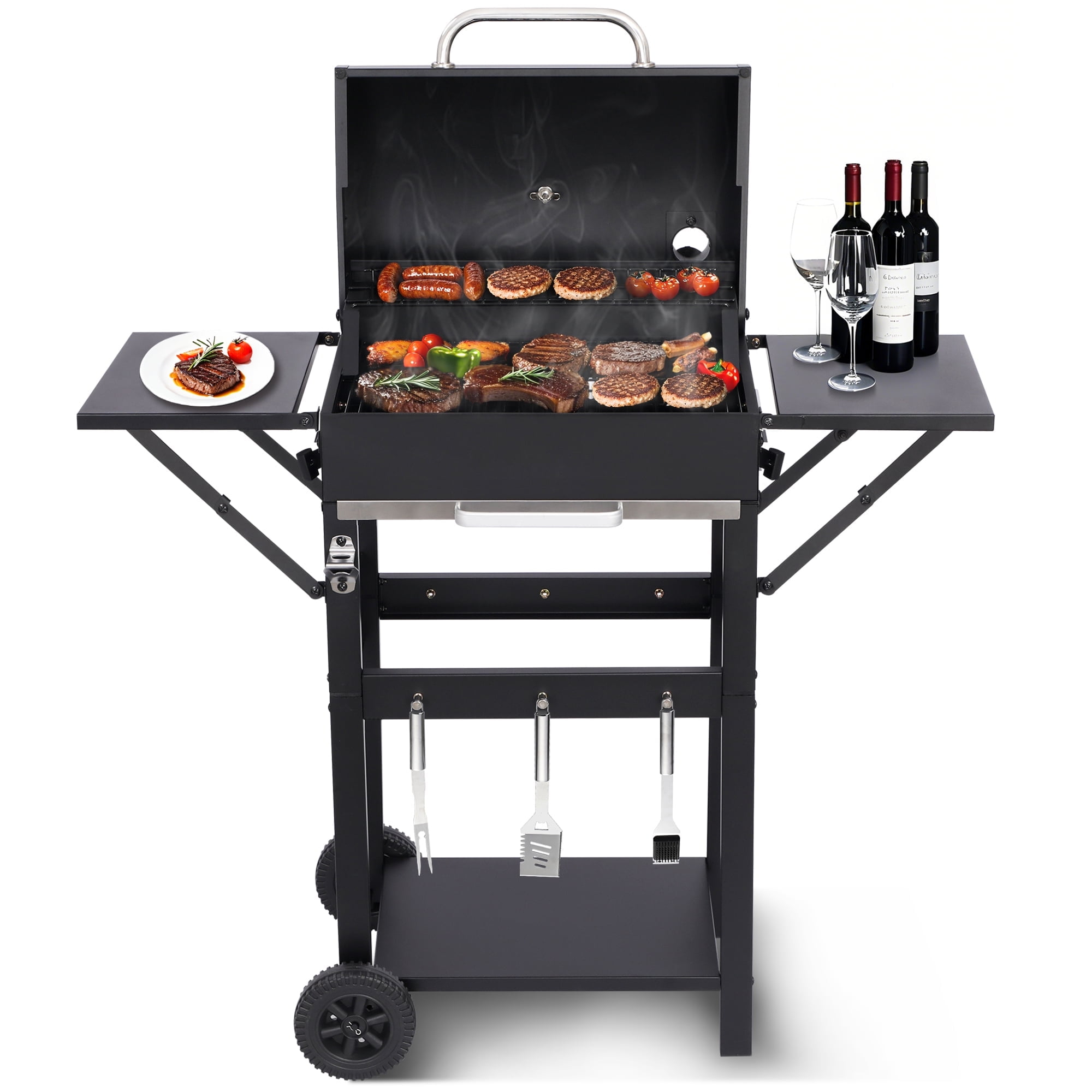 Movable Charcoal Grill with Foldable Side Tables, Outdoor BBQ Grill with Air Inlet Doors, Portable Grill for Picnic Backyard Camping Cooking