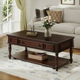 thumbnail image 1 of Movable Coffee Table with Drawer, 47" Farmhouse 2-Tier Center Table with Lockable Wheels and Solid Wood Legs for Living Room, Espresso, 1 of 7