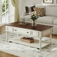 thumbnail image 1 of Movable Coffee Table with Drawer, 47" Farmhouse 2-Tier Center Table with Lockable Wheels and Solid Wood Legs for Living Room, Walnut, 1 of 7