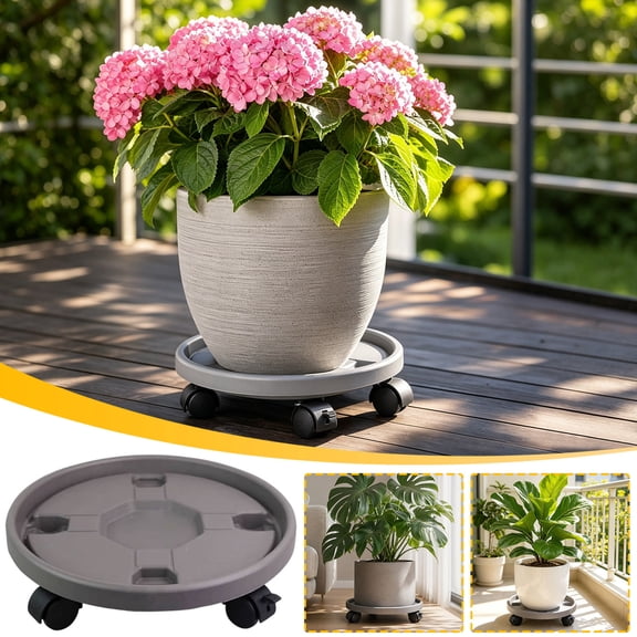 Movable Flower Pot Stand, Plastic Plant Caddy Mobile Tray with Smooth Rolling Belt Wheels, Round Base Excess Water Collection Pallet for Indoor Gardening Container Plants Home Decor