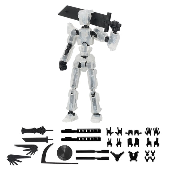 Movable Jointed 3D Printed Humanoid Figurine with 10 Unique Swords and 6 Pairs of Hands for Desktop Decoration and Creative Stress Management, Transparent