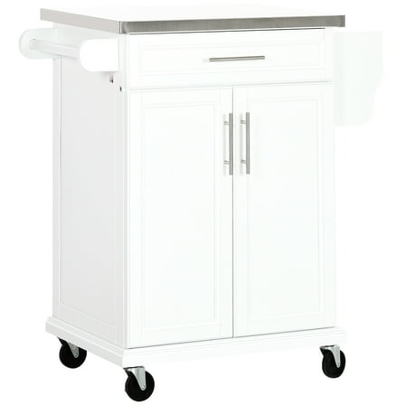 Movable Kitchen Cabinet Table With Stainless Steel Counter, Drawer, Towel Rack, Spice Rack And Storage, White Workstation Island