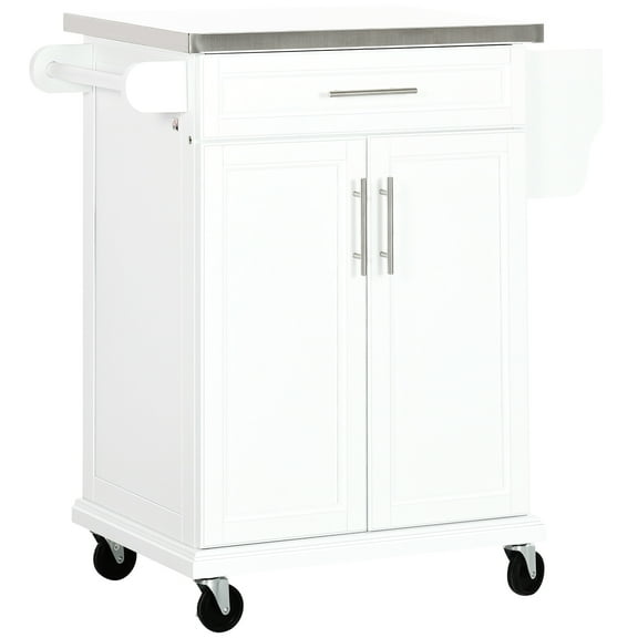 Movable Kitchen Cabinet Table With Stainless Steel Counter, Drawer, Towel Rack, Spice Rack And Storage, White Workstation Island