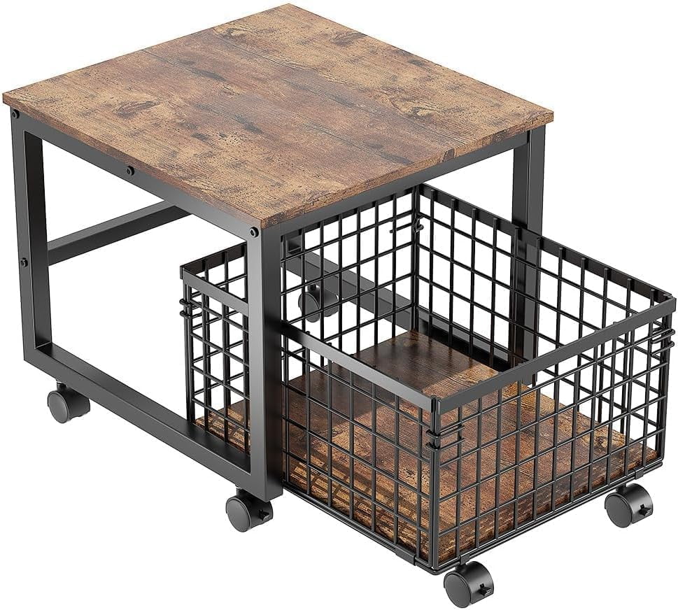Movable Mini Fridge Stand with Wheels, Heavy Duty Metal Table Stand with Movable Storage Basket & Swivel Wheels,Adjustable Feet,Small Table Stands for Home, Apartment,Office,Dorm,Coffee Bar
