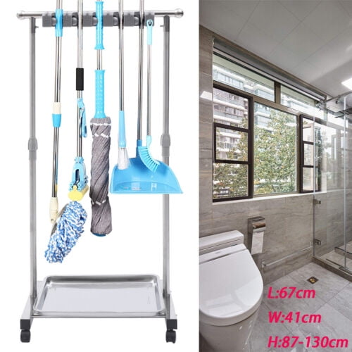 Movable Mop Broom Holder 5-Slot 6-Hook Quality Free-Standing Cleaning ...