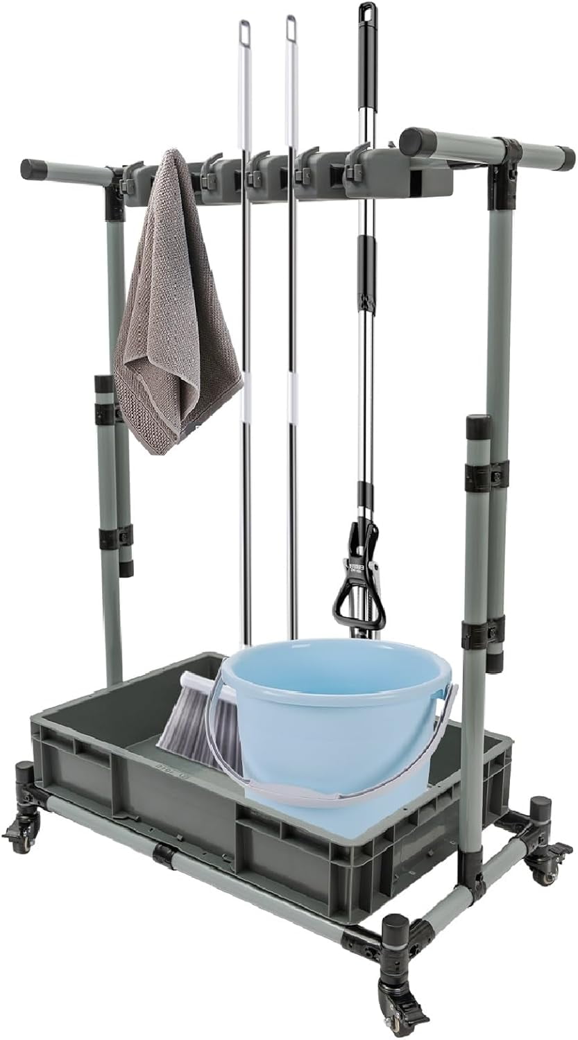 Movable Mop Broom Holder, Floor Mounted Cleaning Tool Cart with Wheels ...