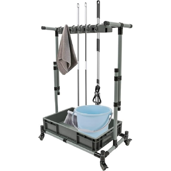 Movable Mop Broom Holder, Floor Mounted Cleaning Tool Cart with Wheels, 10 Slots with Hooks, Height Adjustable Cleaning Supplies Organizer Janitor Carts, Housekeeping Station Storage Tools