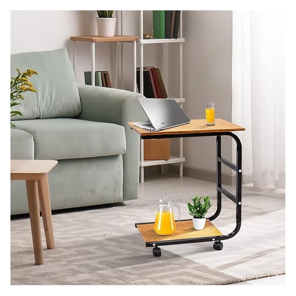 Movable Night Stand Side Table Tray Cart 4 Wheels Wood Office Home Desk Shelf Organizer Rustic Brown Mini