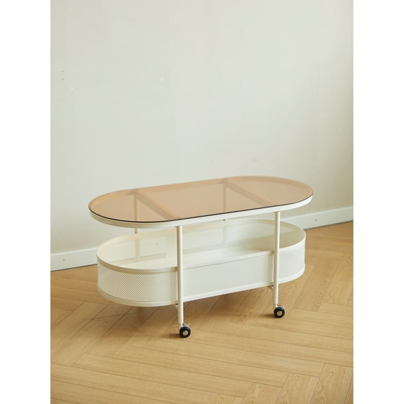 Movable Oval Metal Glass Coffee Table with Storage Modern& Stylish Design, Convenient Wheels, Under-Table Storage