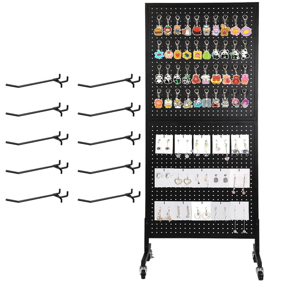 Movable Pegboard Display Rack with Casters, 23.6"x63.8" Heavy Duty Metal Peg Board Organizer, with 10pcs Hooks, for Retail Store, Jewelry Shop, Garage Organization(Black)