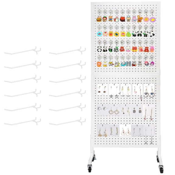 Movable Pegboard Display Rack with Casters, 23.6"x63.8" Heavy Duty Metal Peg Board Organizer, with 10pcs Hooks, for Retail Store, Jewelry Shop, Garage Organization(White)