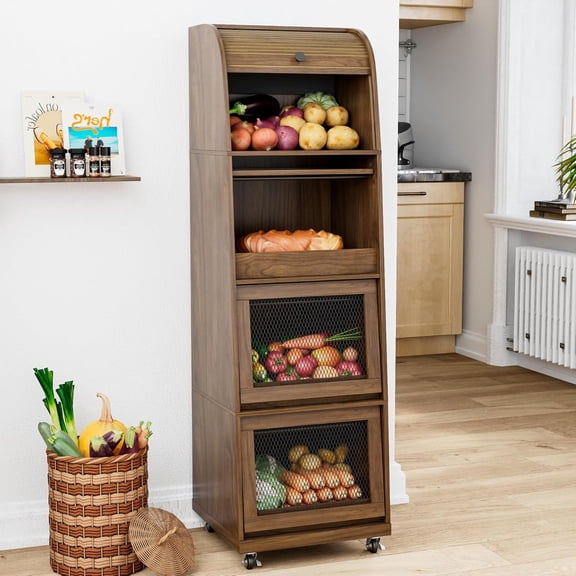 Movable Potato Storage Bin, Fruit and Vegetable Storage Basket, Rolling Kitchen Pantry Organizer Cabinet with Storage Bins
