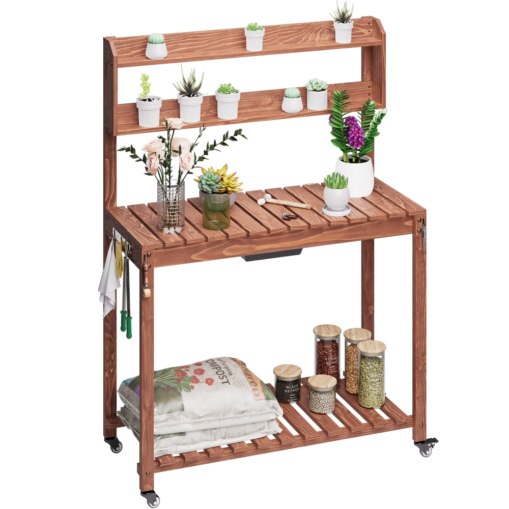 Movable Potting Bench, Wood Large Garden Work Bench Potting Table with