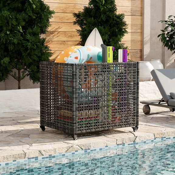 Movable Rattan Poolside Storage Bin  Durable Outdoor Organizer with Mesh Sides and Rolling Wheels  Large Capacity for Pool Floats, Toys, Noodles, and Equipment  Hollow Gray, 85x66x75cm