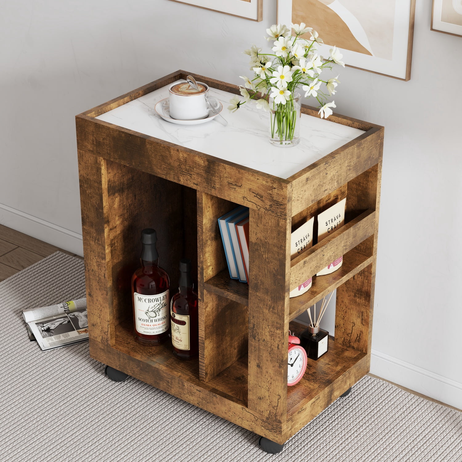 Movable Side Cabinet For Sofa, Household Brown Trolley Storage Locker And Shelf For Living Room