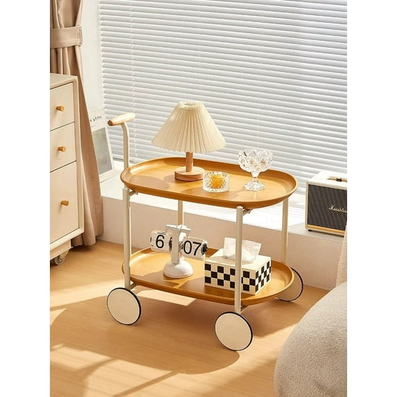 Movable Small Pushcart, Double Layered Edge Table, Rolling Coffee Table with Handle for Living Room, Ginger