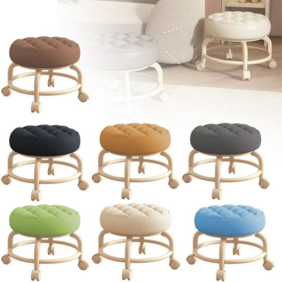 Movable Stool Low Rolling Stools with Silent Swivel Wheels Ultra Comfort PU Leather Low Roller Seat with 4 Layer Filled Cushion Round Padded Stool with Footrest for Salon Home Desk Party, 1pc Orange