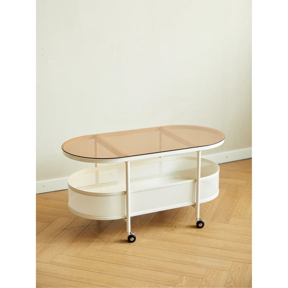 Movable Storage Coffee Table In Oval Shape - Tempered Brown Glass & Metal, 35.91''*17.18''*17.18'', White, Metal Punched Box For Storage, 4 Wheels With 35.91in. X 17.18in. 17.18in., Tabletop,