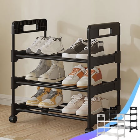 Movable Three-Tier Shoe Rack with Wheels, Space-Saving Shoe Storage Cabinet for Bedroom Closet or Entryway, Under-Table Organizer for Boots and Sneakers, Ihhxbz | Black