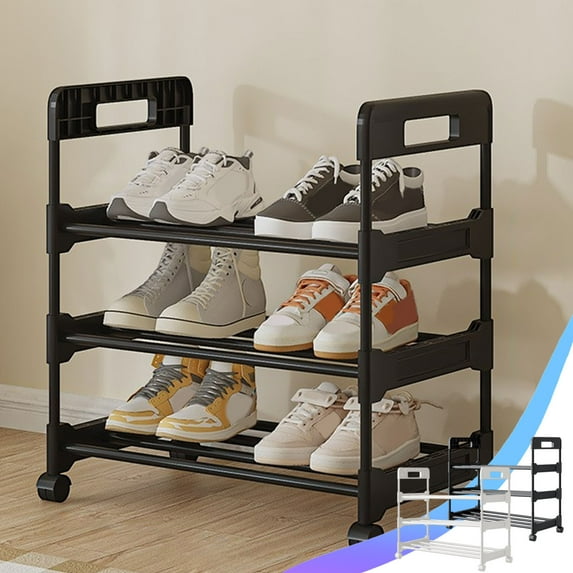 Movable Three-Tier Shoe Rack with Wheels, Space-Saving Shoe Storage Cabinet for Bedroom Closet or Entryway, Under-Table Organizer for Boots and Sneakers, Ihhxbz | Black