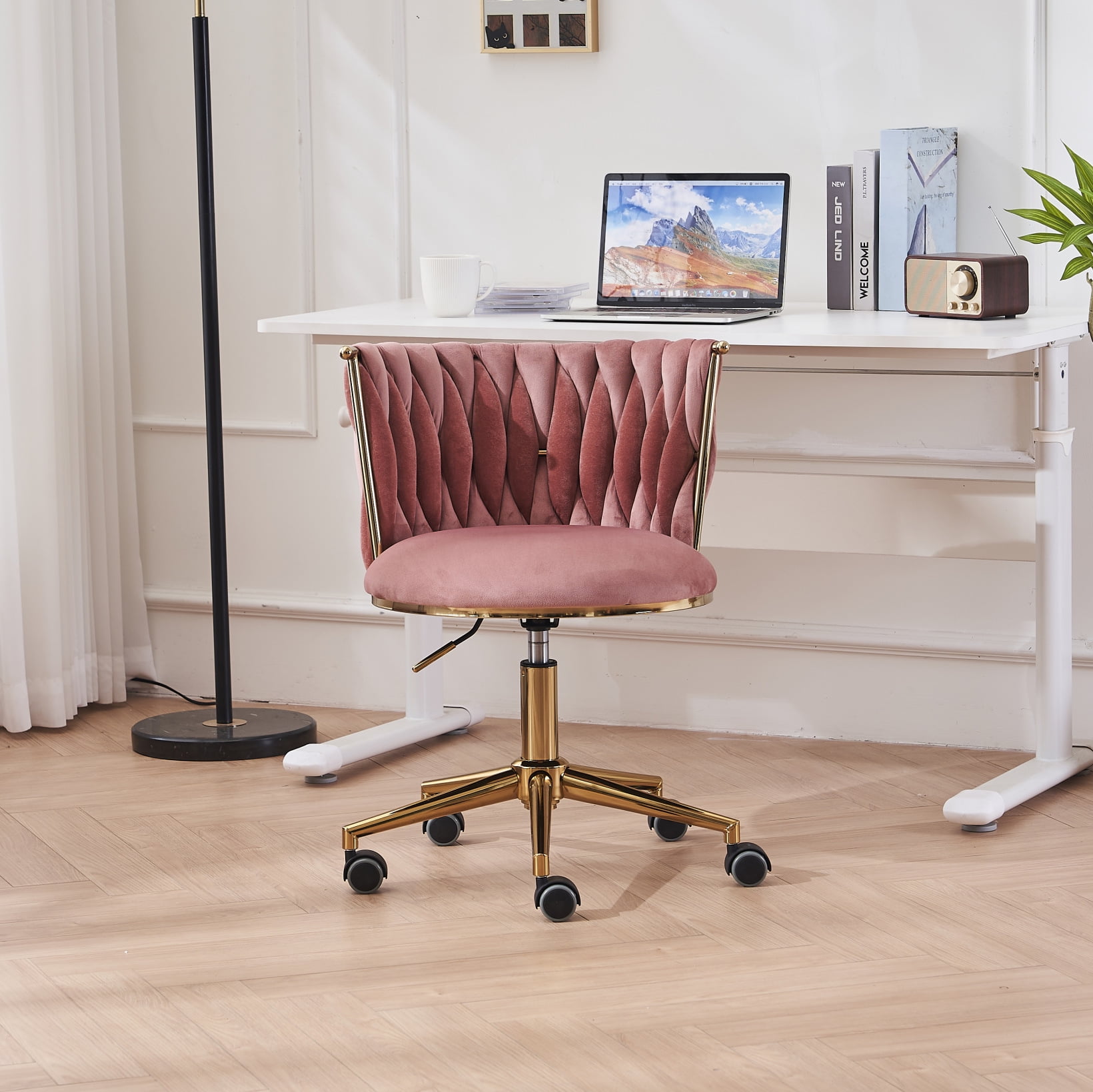 Movable Upholstered Office Chair with Hand Woven Backrest and Adjustable Height Swivel Desk Chair with Adjustable Swivel Wheels for Living Room Bedroom Office Vanity Study Dark Gray Walmart