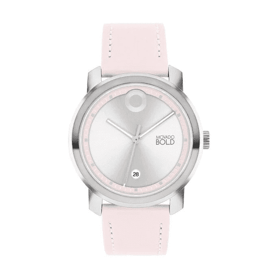 Movado BOLD 3600994 Silver Dial Light Pink Mauve Chalk  Leather Strap Womens Watch