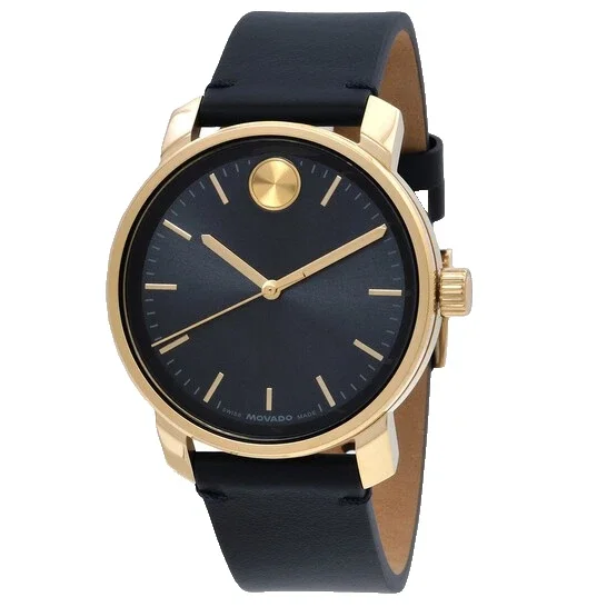 Movado Bold 3601173 Dark Blue Dial & Leather Strap Quartz 41MM Gold Mens Watch