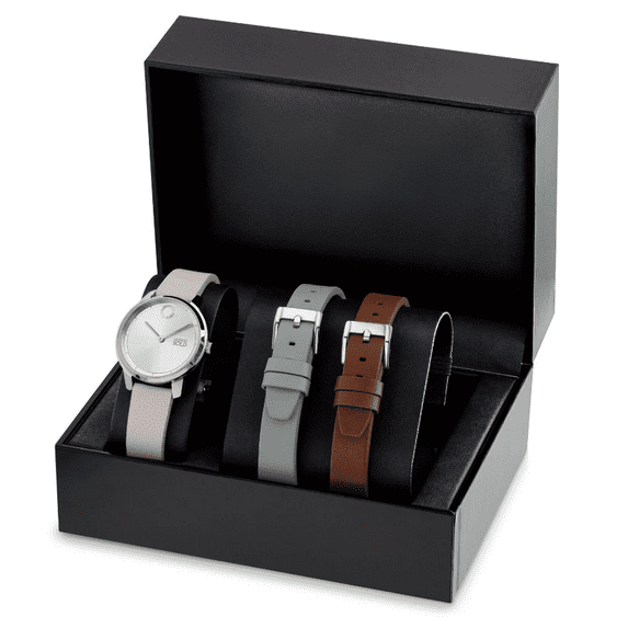 Movado Bold 3601241 Silver Dial Pink/Grey/Brown Leather Strap Women's Watch Set