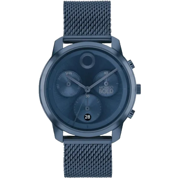 Movado Bold Chronograph 3601027 Blue Dial & Mesh Bracelet 42MM Mens ...