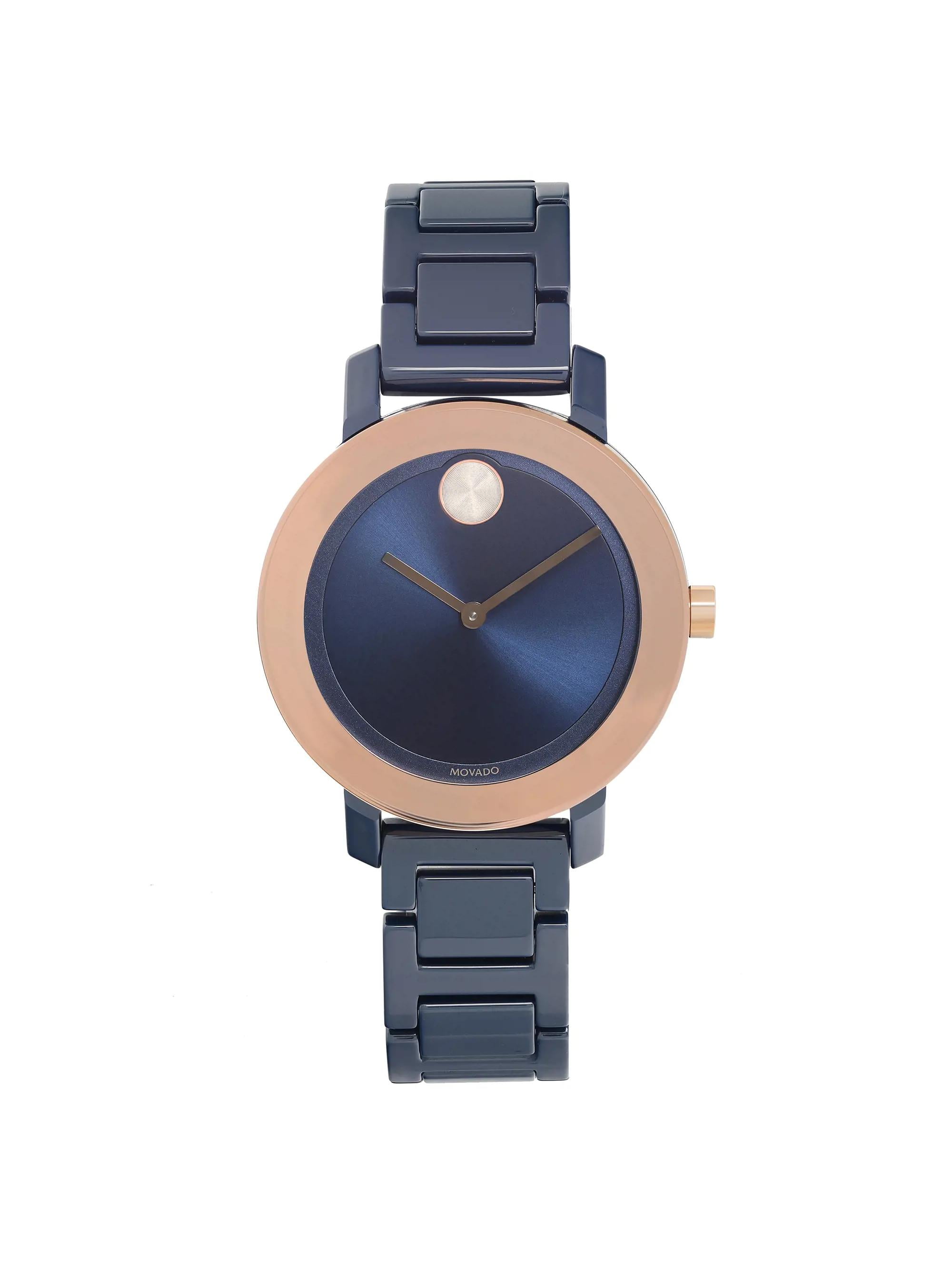 New Movado Bold Evolution 36mm Ceramic Navy Dial Blue Quartz Lady Watch 3600708