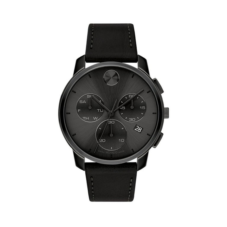 Movado Bold Thin Black IP Black Leather Chronograph Mens Watch