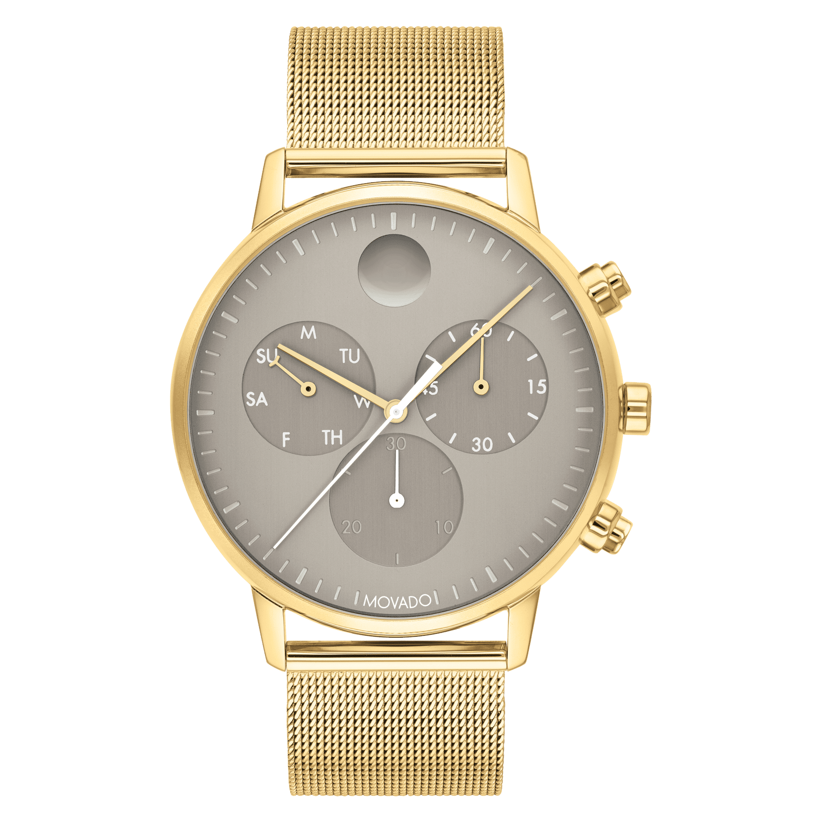 Movado Face 43MM Yellow Gold Ion-Plated Steel Case, Mesh Band Grey