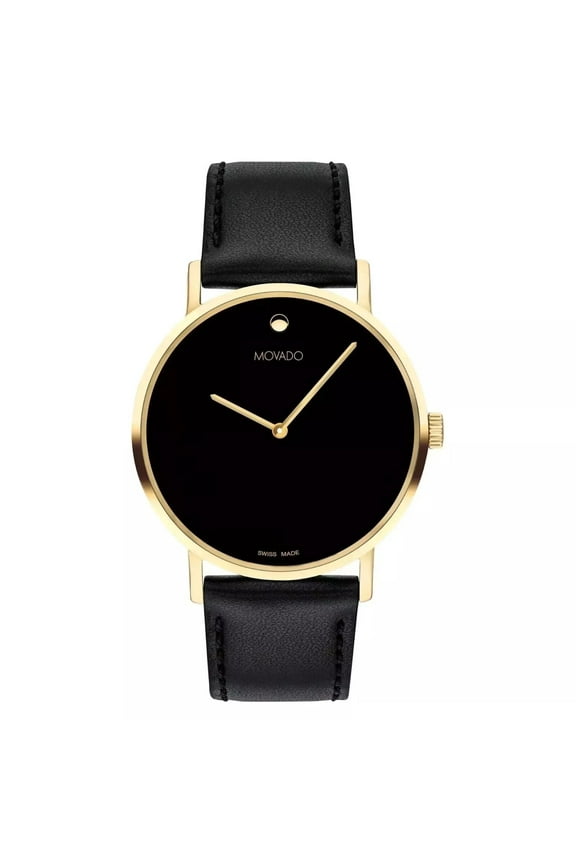 Men's Signature Yellow Gold Black Dial Leather Band Swiss Watch