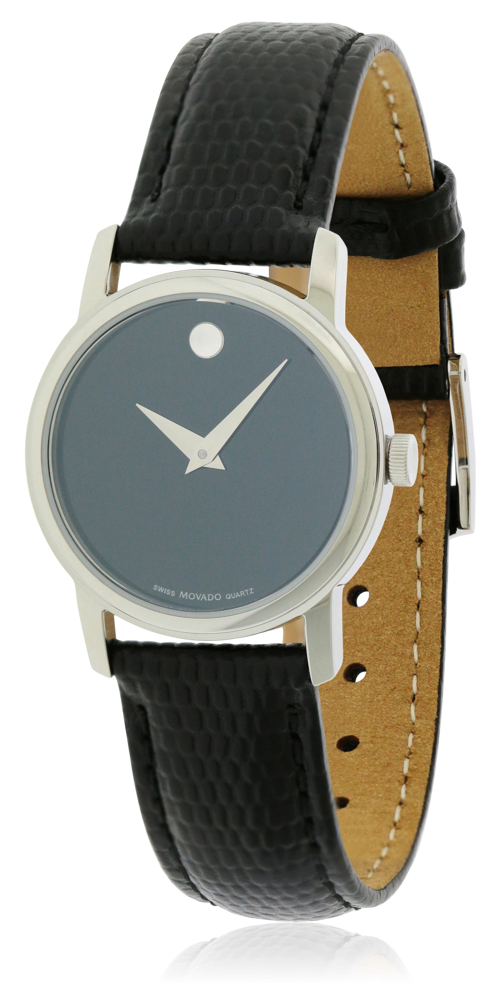 Movado Museum Black Dial Black Leather Strap Ladies Watch 