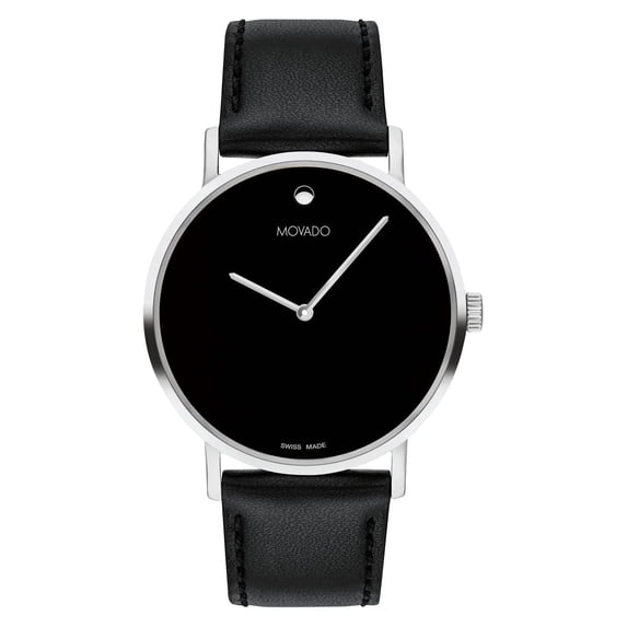 Movado Signature Museum 0607589 Black Dial Black Leather 40MM Silver Case Strap Men's Watch