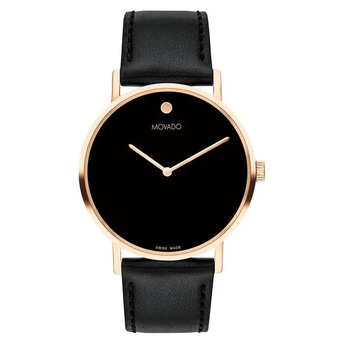 Movado Signature Rose Gold 0607742 Black Leather Strap  display picture 2