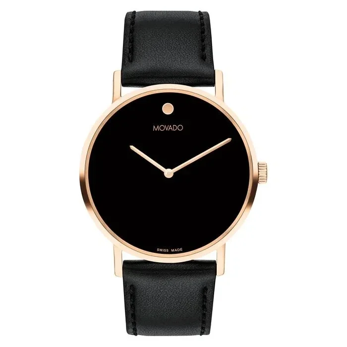 Movado Black and Gold Leather Strap Watch with Red Dial Accent 0400017307073?wid=900 main image 3