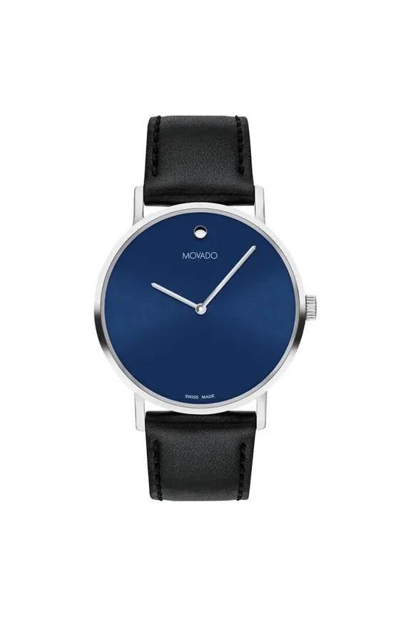 Silver Blue 0607590 Dial Black Leather Strap Mens Watch