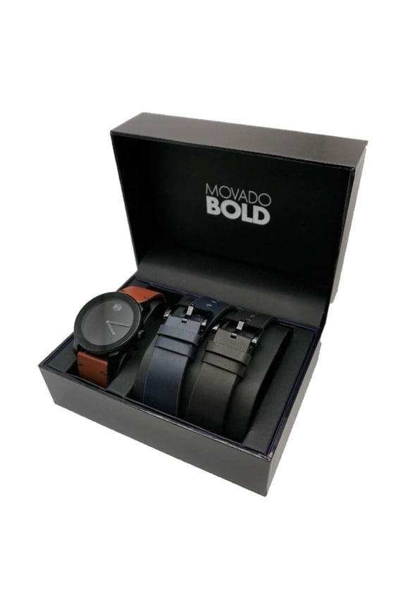 by Movado Men's Leather Strap Wristwatch Gift Set, Black/Brown/Blue