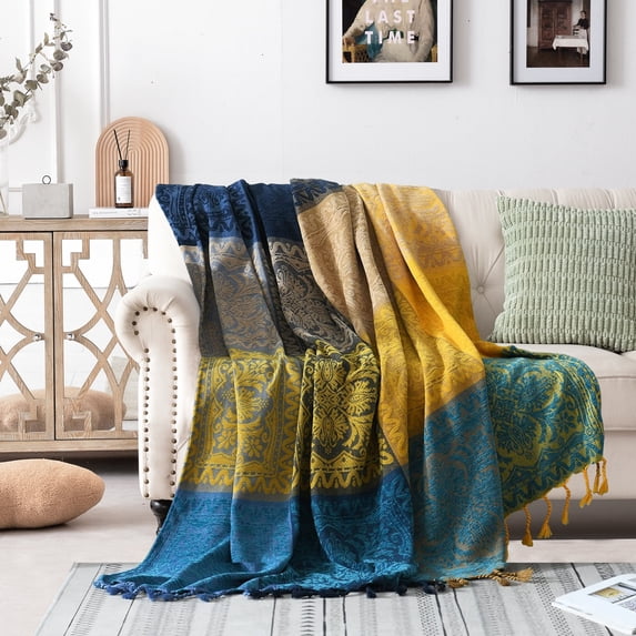 Movanane Bohemian Blue Jacquard Chenille Throw, 60" x 75"