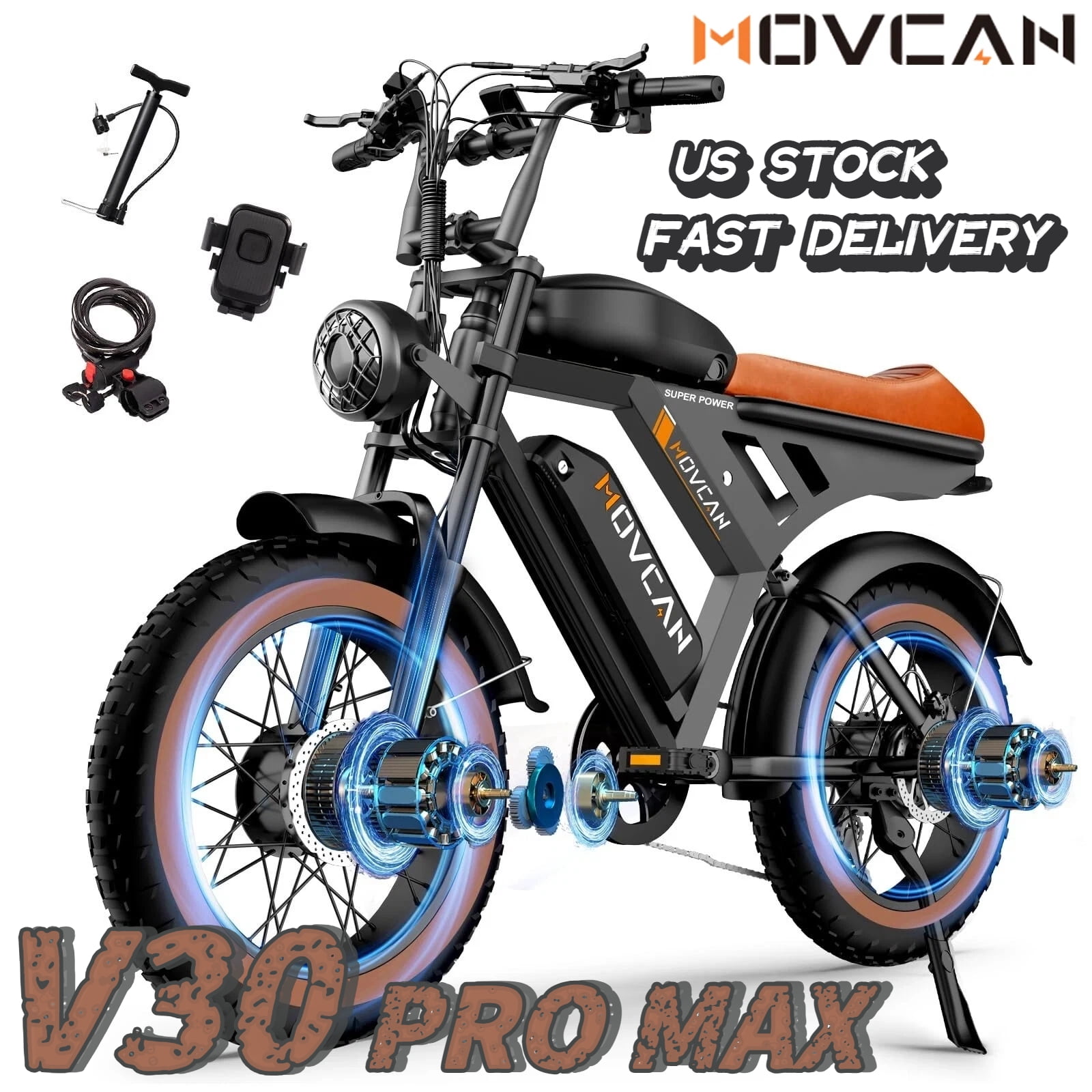 Movcan V30 PRO MAX 3000W(Peak) Dual Motor，48V*15.6AH Dual Battery Electric Bicycles,Hydraulic Brakes 7-Speed Full Suspension UL2849,20" Fat Tire Electric Motorcycle Bike