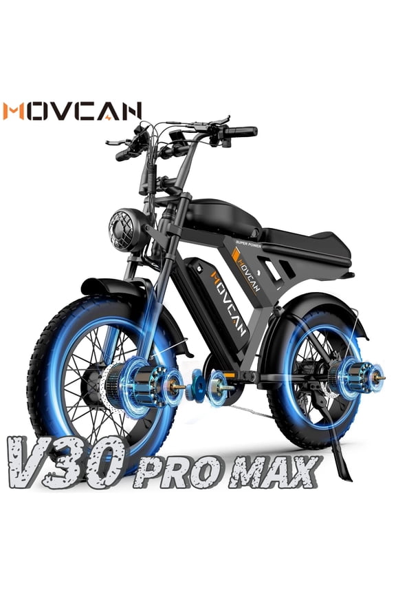 Movcan V30 PRO MAX 3000W (Peak) Dual Motor Dual Battery All Terrain Off-road Bicycles, 20" Fat Tire Electric Motorcycle Bike, Hydraulic Brakes 7-Speed Full Suspension UL2849