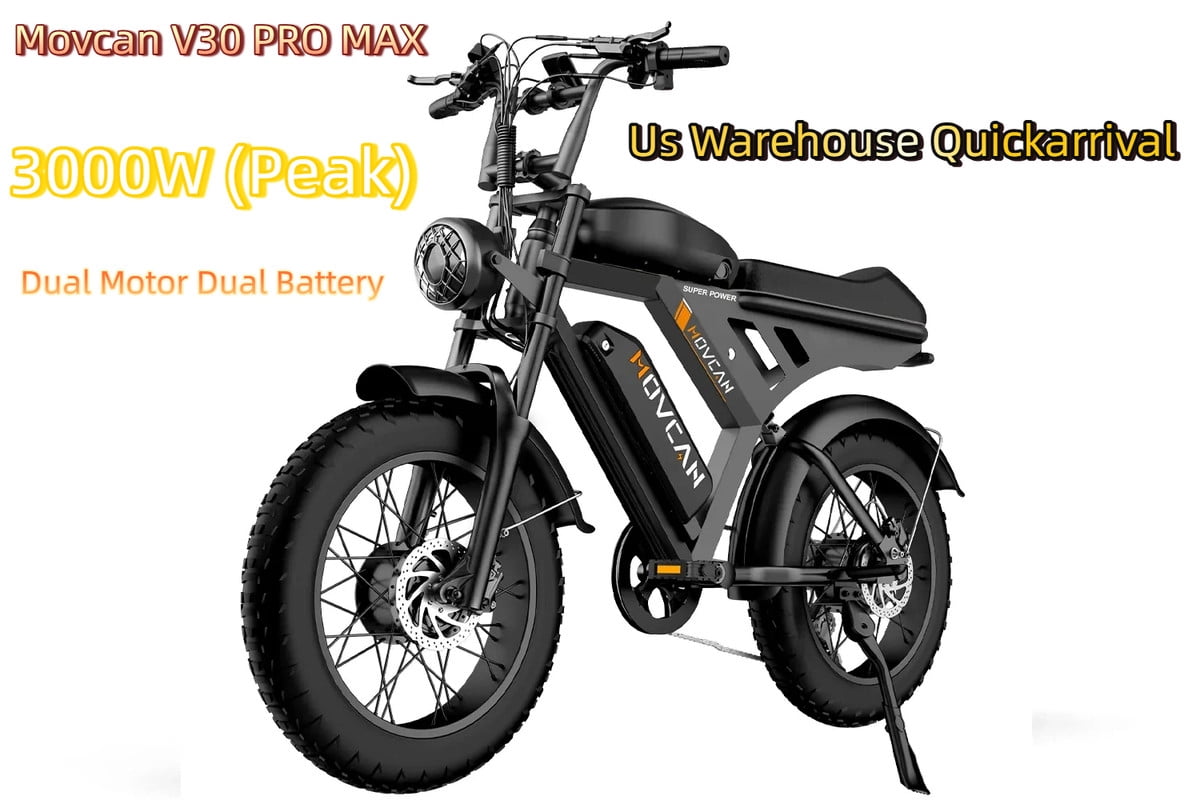 Movcan V30 PRO MAX 3000W (Peak) Dual Motor Dual Battery All Terrain Off-road Bicycles, 20" Fat Tire Electric Motorcycle Bike, Hydraulic Brakes 7-Speed Full Suspension UL2849