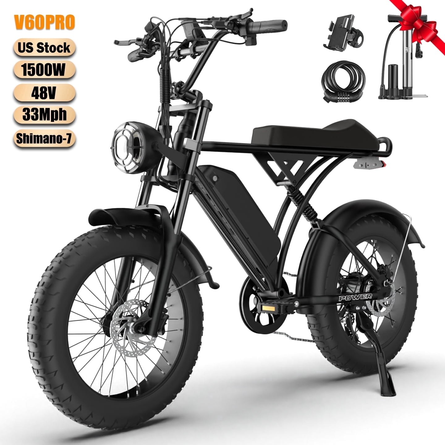 Movcan V60 Pro Electric Bike for Adult,48V 18.2Ah Removable Battery, 20" Fat Tire Electric Bike,1500W Motor 33MPH Top Speed 7 Speed Dual Hydraulic Brake UL2849