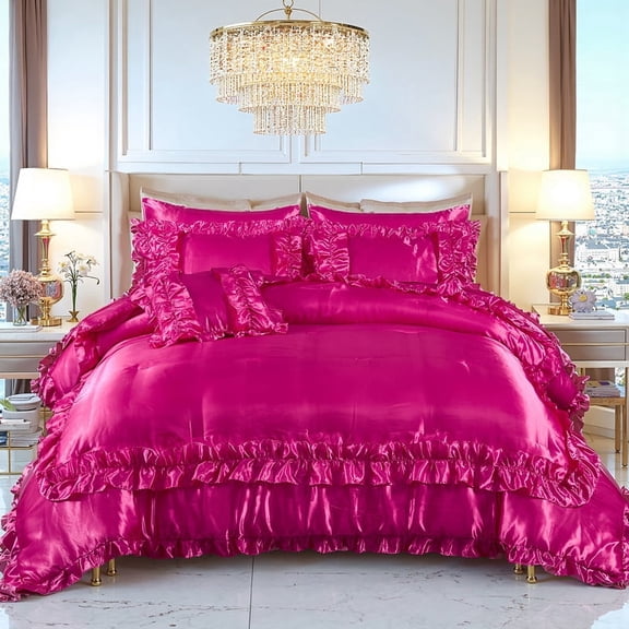 Hot Pink Polyester Comforter Set King Size Hot Pink Ruffle Comforter Set 8 Pieces Bed in a Bag Farmhouse Rose Pink Ruffle Design Polyester Fabric Luxurious Silk Like Satin Bedding Set