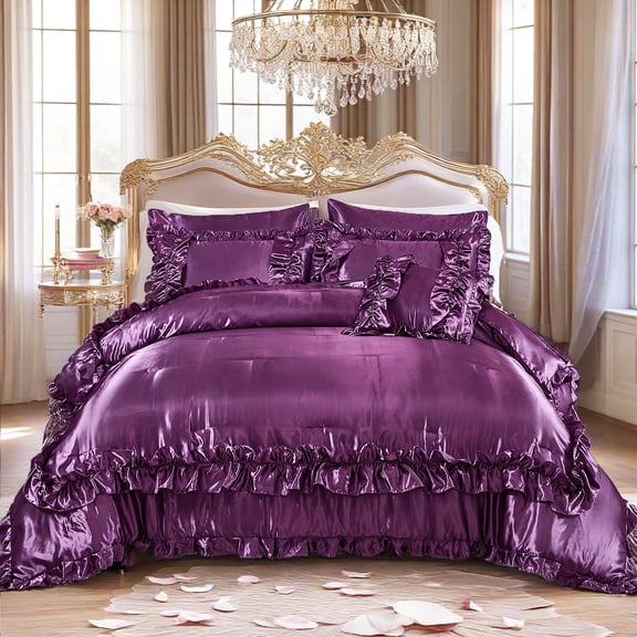 Purple Satin Comforter Set King Size Purple Ruffle Bedding Set 8 Pieces Satin Bed in a Bag Farmhouse Shabby Chic Ruffle Design Silk Like Satin Comforter Sets